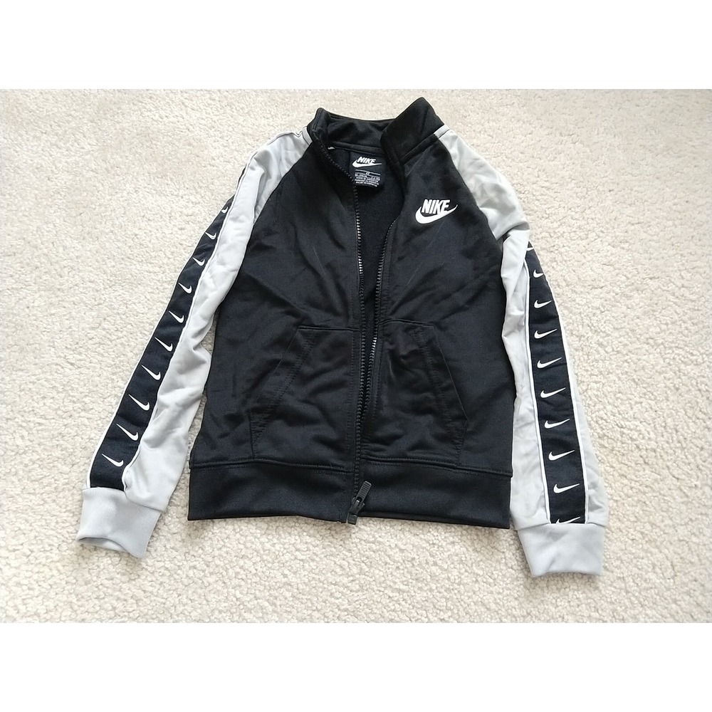 Nike Boys Toddler 4T Zip Up Fleece Jacket Black Grey Swoosh Tape Track Jacket